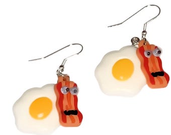 Bacon and Eggs Rubber Plastic Charm Earrings 1 inch after hook - Funny Googly Eyes and Mustache - Waitress - Diner - Restaurant