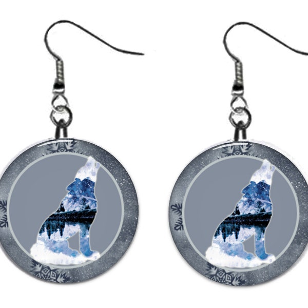 Wildlife Howling Wolf Mountain and Lake Jewelry Metal Button Novelty Earrings 1 inch diameter MADE in USA