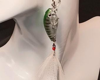 Green Stripe Fishing Lures Fisherman Earrings, 3 inch long to end of Feathers, Good Luck Charms, Lightweight, Plastic Resin