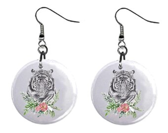 Tiger with Floral Wreath Jewelry Metal Button Novelty Earrings 1 inch diameter MADE in USA Jungle, Safari