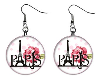 Pink Paris Eiffel Tower French France Rose Jewelry Metal Button Novelty Earrings 1 inch diameter MADE in USA