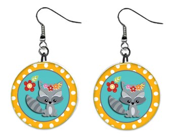 Cute Raccoon Woodland Jewelry Metal Button Novelty Earrings 1 inch diameter MADE in USA