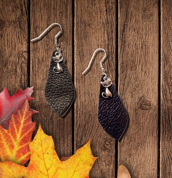 Earrings Black Faux Leather With Cat Silvertone Charm Dangle