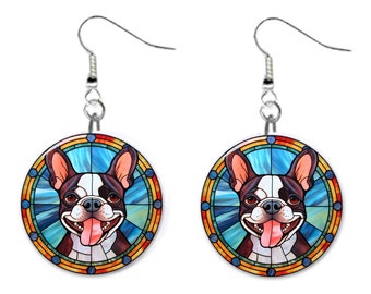 Frenchie, French Bulldog Dog Stained Glass Printed Design Pet Jewelry Metal Button Novelty Earrings 1 inch diameter MADE in USA