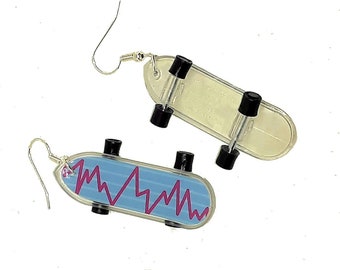 Skateboard Earrings Heartbeat Design - Plastic 2 inch long