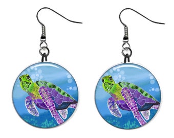 Sea Turtle Art Jewelry Metal Button Novelty Earrings 1 inch diameter MADE in USA Tortoise, Beach, Ocean