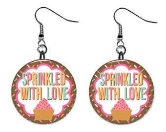 Ice Cream Cone - Sprinkled with Love -  Jewelry Metal Button Novelty Earrings 1 inch diameter MADE in USA