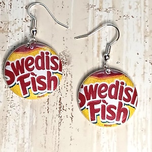 Upcycled Swedish Fish Candy Wrapper Snack Size Dangle Button Earrings Jewelry 1 inch Round