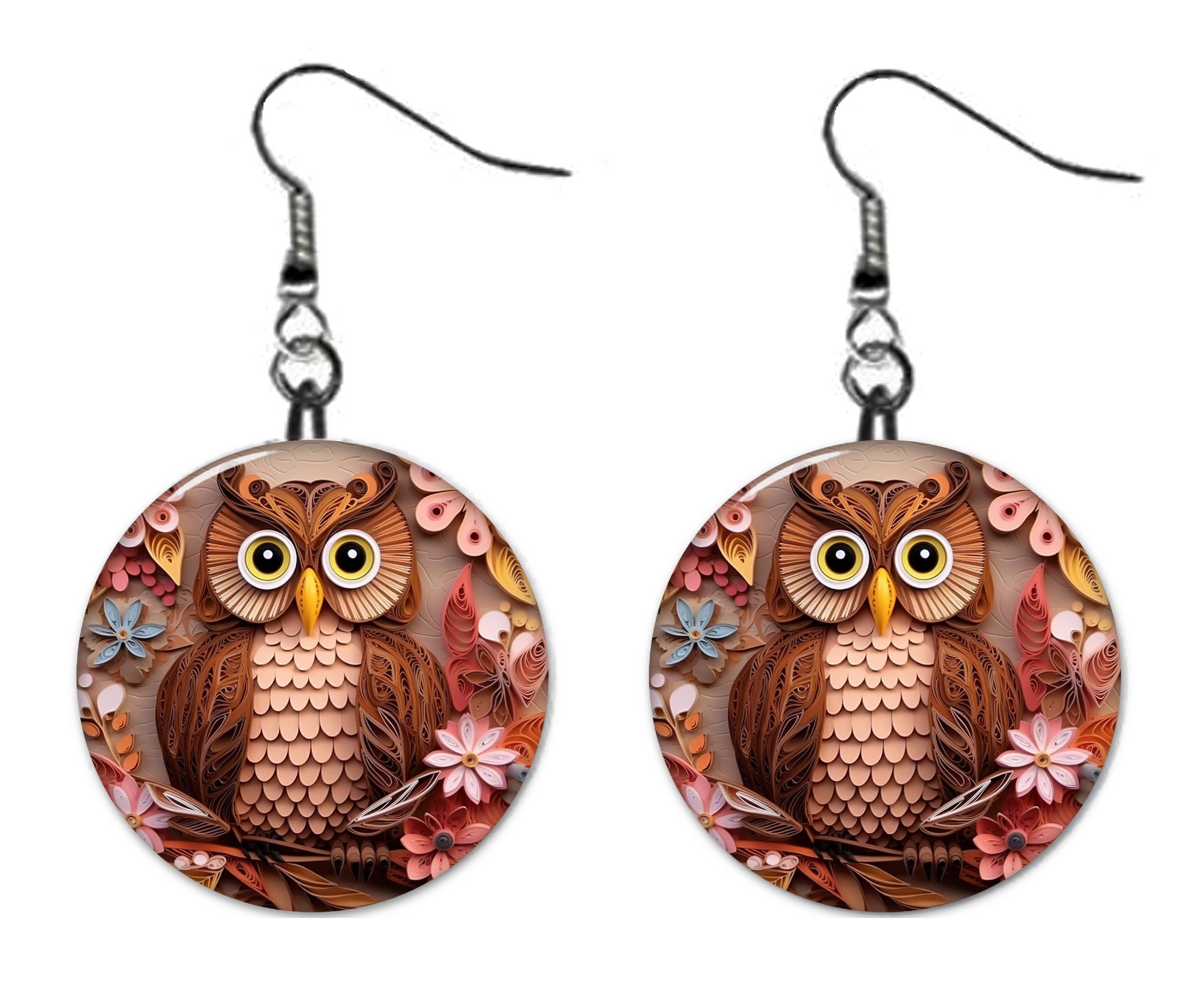 3D Looking Brown Owl Earrings Jewelry Metal Button Novelty Earrings 1 inch diameter MADE in USA