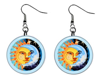 Sun & Moon Art Jewelry Metal Button Novelty Earrings 1 inch diameter MADE in USA Unity, Yin Yang