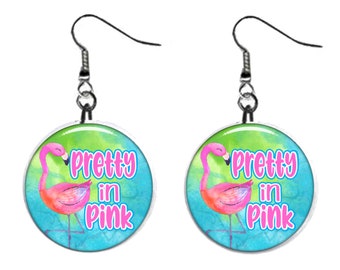 Pretty in Pink Flamingo Tropical  Summer Beach  Jewelry Metal Button Novelty Earrings 1 inch diameter MADE in USA