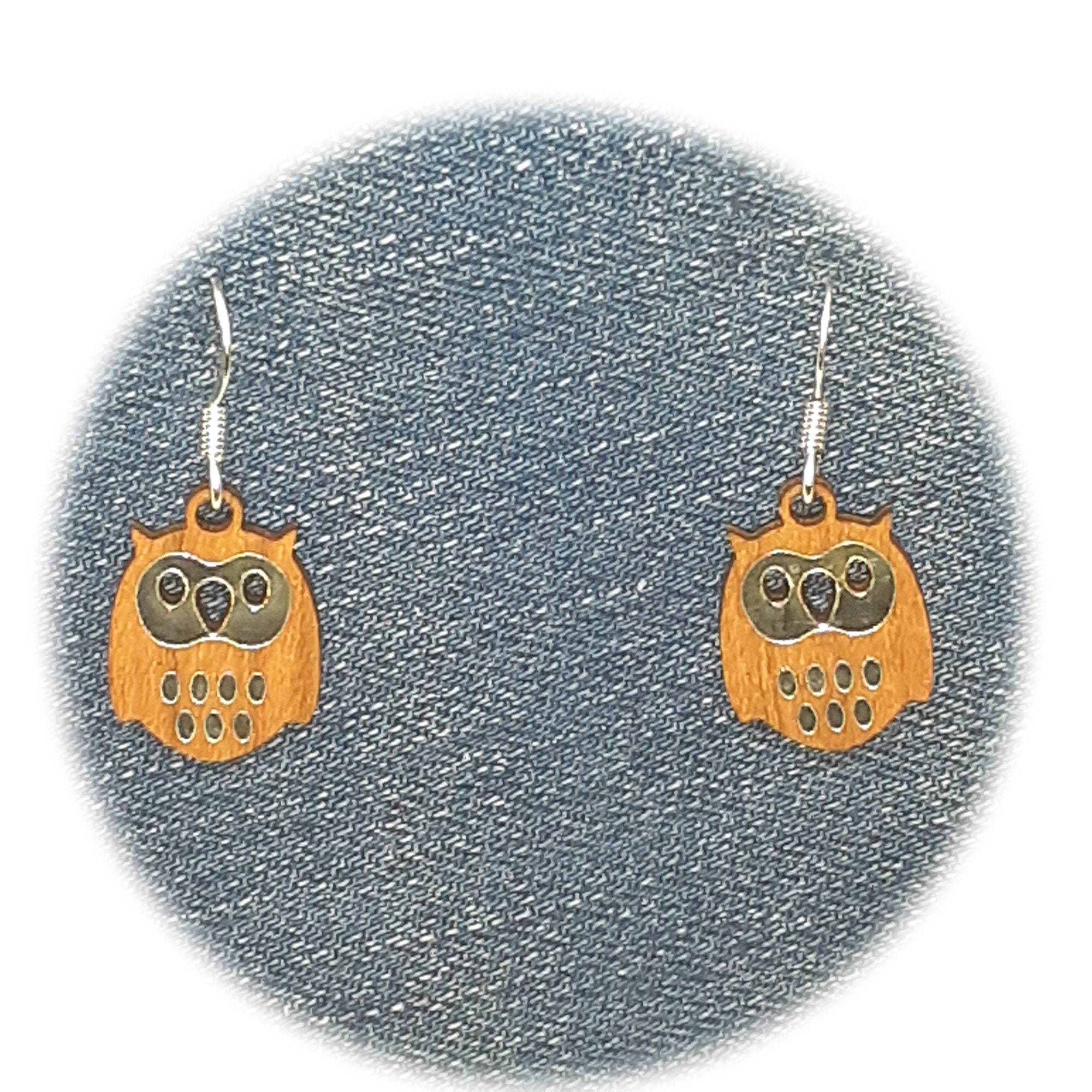 Owls Wood Laser Cut with Silver Accents Lightweight Dangle Pierced Earrings  Appx 1/2 inch long choo