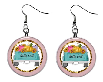Hello Fall Autumn Season Jewelry Metal Button Novelty Earrings 1 inch diameter MADE in USA