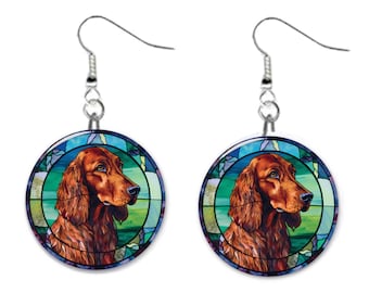 Irish Setter Dog Stained Glass Printed Design Pet Jewelry Metal Button Novelty Earrings 1 inch diameter MADE in USA