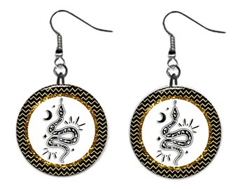 Celestial Snake, Moon, Sun, Stars, Jewelry Metal Button Novelty Earrings 1 inch diameter MADE in USA