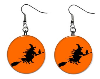 Halloween Flying Witch Jewelry Metal Button Novelty Earrings 1 inch diameter MADE in USA
