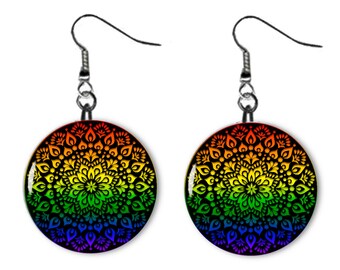 Rainbow Mandala Gay Pride  LGBTQ Lesbian Jewelry Metal Button Novelty Earrings 1 inch diameter MADE in USA