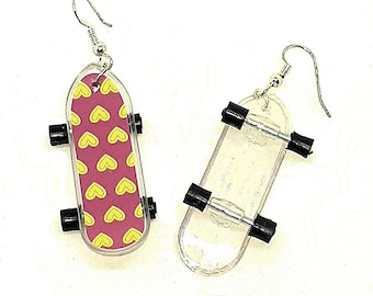 Skateboard Earrings Hearts Design - Plastic 2 inch long