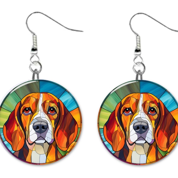Beagle Dog Stained Glass Printed Design Pet Jewelry Metal Button Novelty Earrings 1 inch diameter MADE in USA