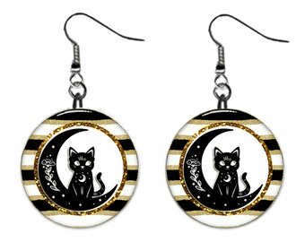 Black Cat Celestial Moon, Sun, Stars, Jewelry Metal Button Novelty Earrings 1 inch diameter MADE in USA