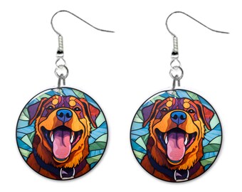 Rottweiler Dog Stained Glass Printed Design Pet Jewelry Metal Button Novelty Earrings 1 inch diameter MADE in USA