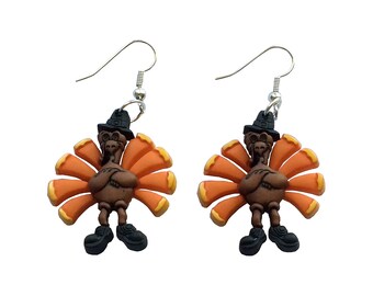 Turkey Thanksgiving in Pilgrim Hat Plastic  Dangle Earrings 1 inch