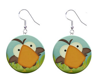 Funny Bird Cartoon Jewelry Metal Button Novelty Earrings 1 inch diameter MADE in USA