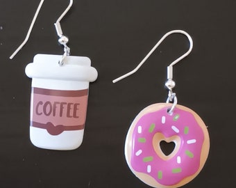 Coffee and Donut Plastic Charm Earrings 1 inch after hook - 1 sided (flat on back) - Waitress - Diner - Restaurant