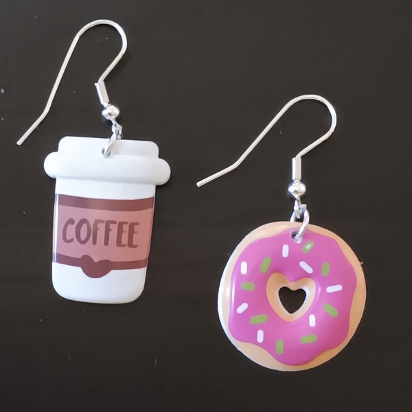 Coffee and Donut Plastic Charm Earrings 1 inch after hook - 1 sided (flat on back) - Waitress - Diner - Restaurant