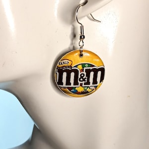 Upcycled Earrings M&M Peanuts Candy Wrapper Snack Size Dangle Button Jewelry 1 inch Round