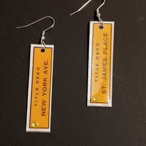 Monopoly Game New York Ave & St. James Place Earrings, Lightweight, Rhinestones added,  Gloss Coated  2.25 inch long
