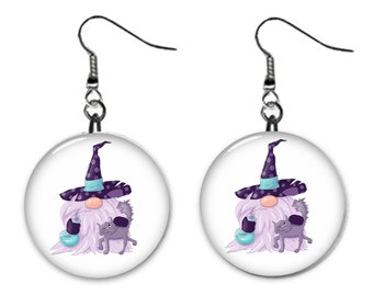 Gnome Wizard, Witch, Halloween Jewelry Metal Button Novelty Earrings 1 inch diameter MADE in USA