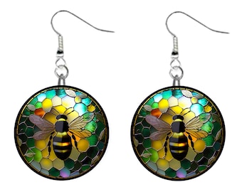 Stained Glass Honey Bee #3 Jewelry Metal Button Novelty Earrings 1 inch diameter MADE in USA