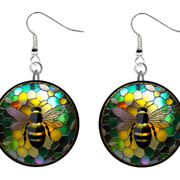 Stained Glass Honey Bee #3 Jewelry Metal Button Novelty Earrings 1 inch diameter MADE in USA