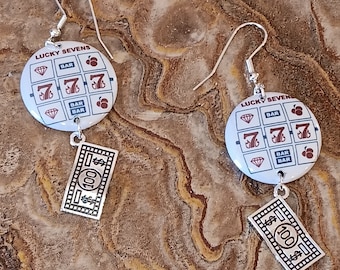 Lucky 7 Slot Machine w/ Money Charm Gambling Casino Game Jewelry Metal Button Novelty Earrings 1 inch diameter - 2 inches Long MADE in USA