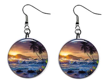 Tropical  Ocean Summer Beach  Jewelry Metal Button Novelty Earrings 1 inch diameter MADE in USA