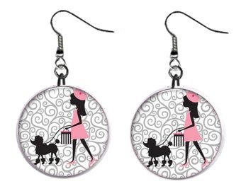 Paris Pink French Poodle Jewelry Metal Button Novelty Earrings 1 inch diameter MADE in USA