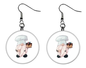 Gnome Baker Bakery Jewelry Metal Button Novelty Earrings 1 inch diameter MADE in USA