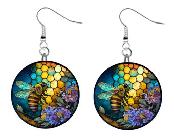 Stained Glass Honey Bee #5 Jewelry Metal Button Novelty Earrings 1 inch diameter MADE in USA