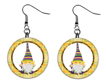 Mardi Gras Yellow Gnome Party Fat Tuesday Jewelry Metal Button Novelty Earrings 1 inch diameter MADE in USA