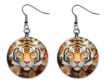 3D Looking Tiger Safari Jungle Earrings Jewelry Metal Button Novelty Earrings 1 inch diameter MADE in USA
