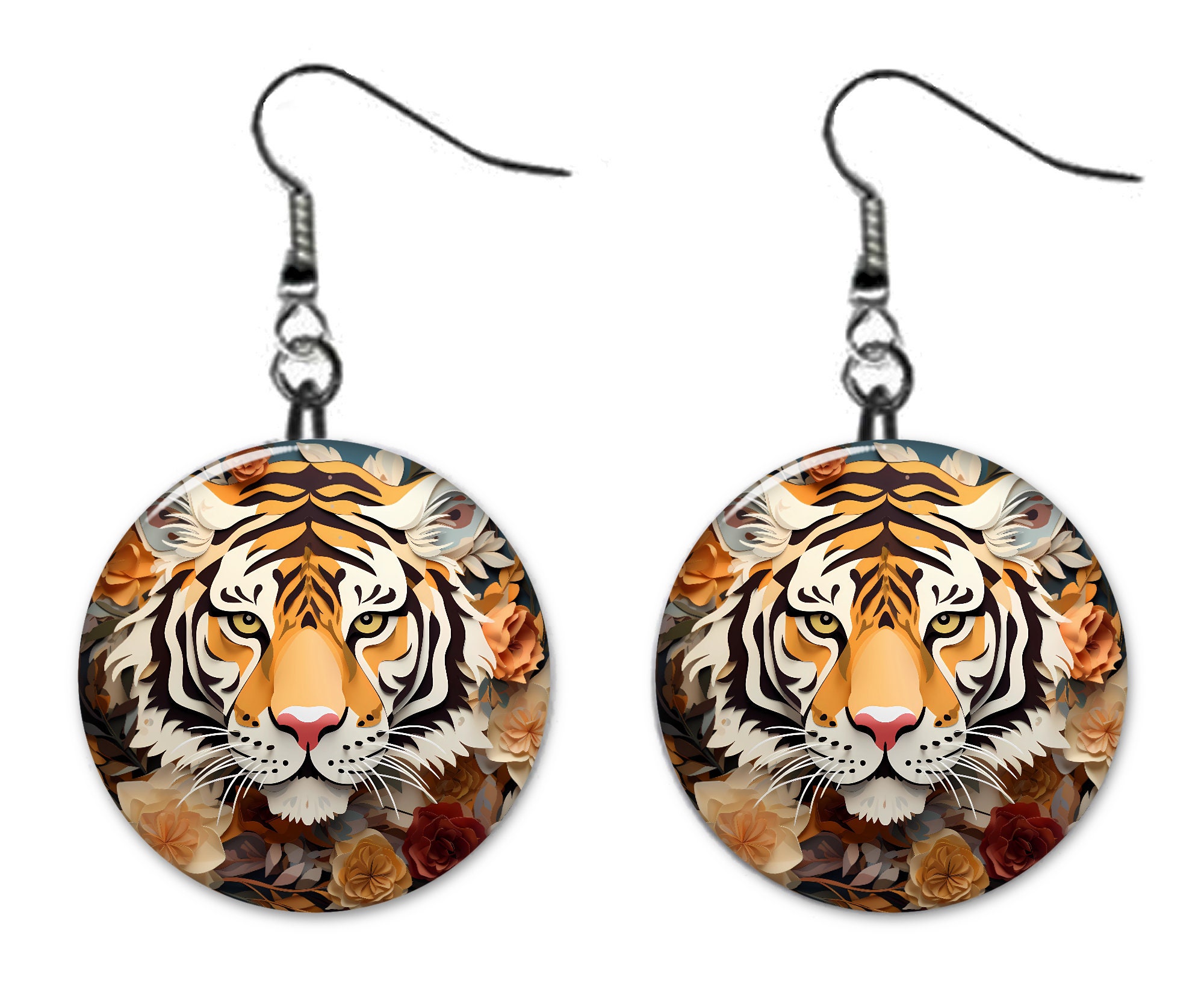 Safari park ピアス イヤリング 3D Looking Tiger Safari Jungle Earrings Jewelry Metal Button