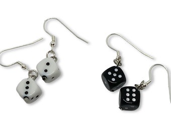 Dice - Plastic Resin , Black or White Dangling Pierced Earrings 1/2 in. Casino, Good Luck, Gambling, Board Games