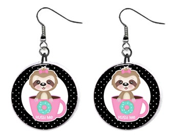 Cute Sloth in a Coffee Cup Cartoon Jewelry Metal Button Novelty Earrings 1 inch diameter MADE in USA