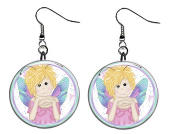 Pixie Fairy Jewelry Metal Button Novelty Earrings 1 inch diameter MADE in USA