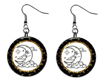 Celestial Moon, Sun, Stars, Jewelry Metal Button Novelty Earrings 1 inch diameter MADE in USA