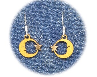Moon & Star Wood Laser Cut with Silver Accents Lightweight Dangle Pierced Earrings  Appx 1/2 inch long choose Light Maple or Dark Oak