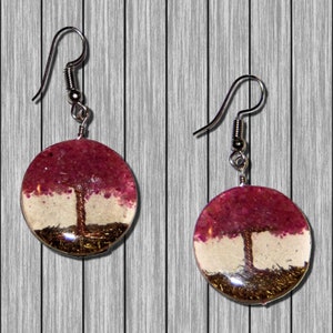 Pink Tree of Life Incased in Clear Resin Dangle Earrings 1 inch