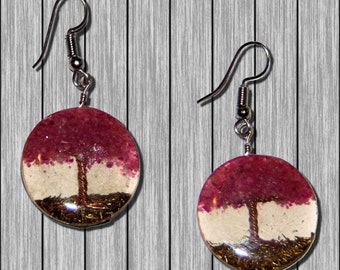 Pink Tree of Life Incased in Clear Resin Dangle Earrings 1 inch