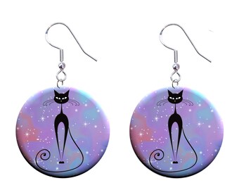 Retro Atomic Cat Design - Jewelry Metal Button Novelty Earrings 1 inch diameter MADE in USA